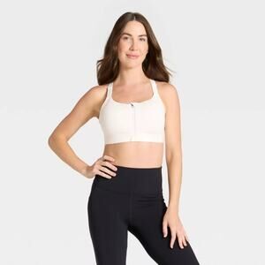 All In Motion Cream High Support Front Zip Sports Bra Lightly Lined Women's 34C